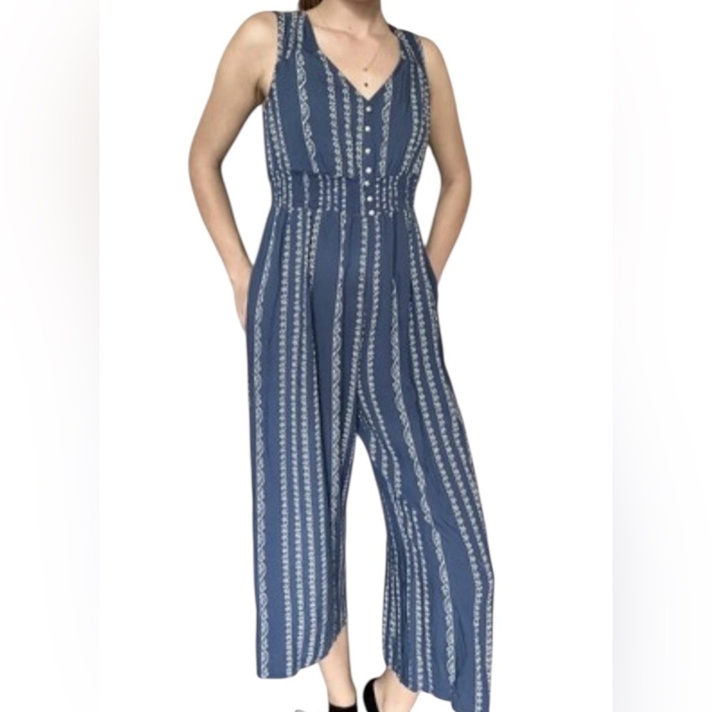 Japna Sleeveless Wide leg Jumpsuit Blue white Stripe Cropped Women’s S Resort